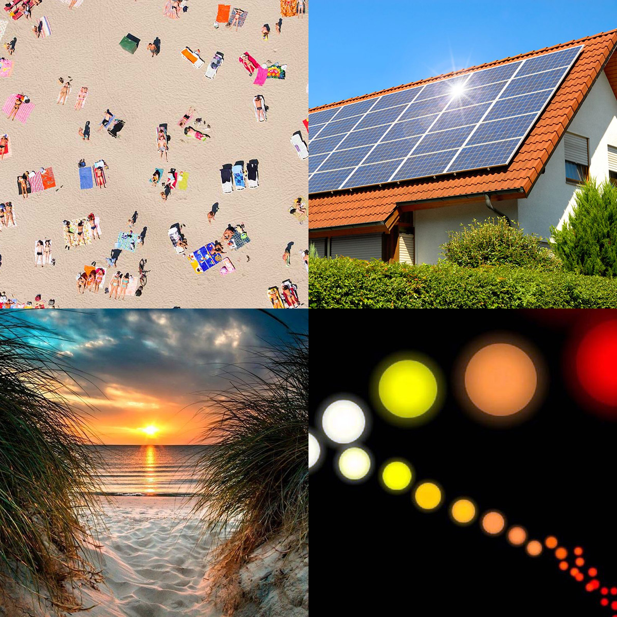 Image with four quadrants. Upper-left: sunbathers on a sandy beach. Upper-right: solar panels on an adobe roof in bright sunlight. Lower-left: beautiful sunset on a sandy beach with grass. Lower-Right: sequence of stars of varying size and color due to blackbody radiation.